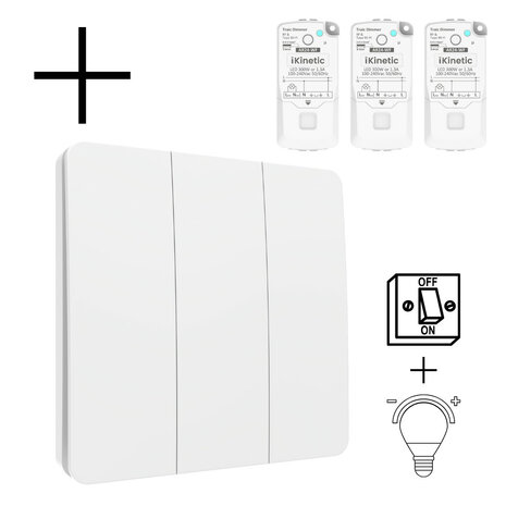 Draadloze wandschakelaar voor verlichting met kinetische voeding en dimmerfunctie