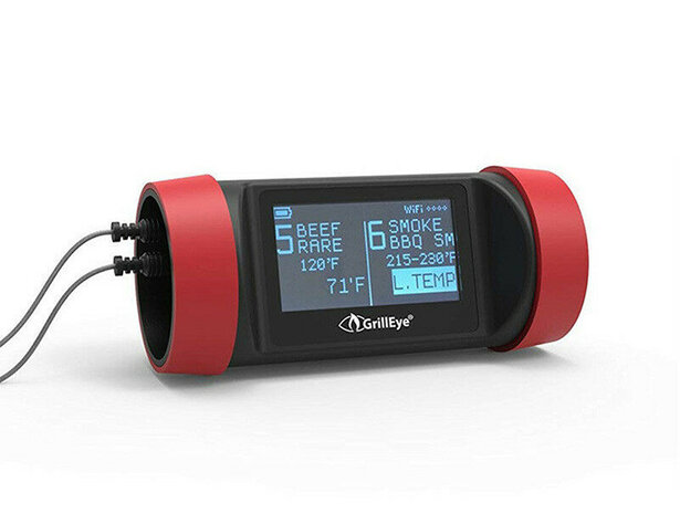 Thermometer voor grill en oven met aansluiting voor acht sondes en display afleesbaar in zonlicht