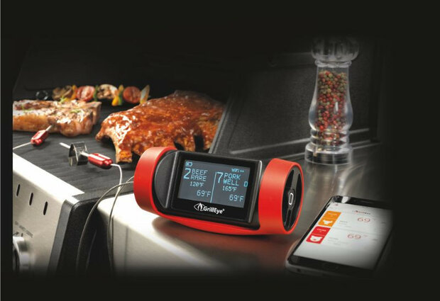 Thermometer voor grill en oven met aansluiting voor acht sondes en display afleesbaar in zonlicht