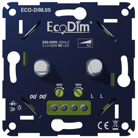Led dimmer inbouw voor 2 circuits met 0 tot 100 watt vermogen per circuit