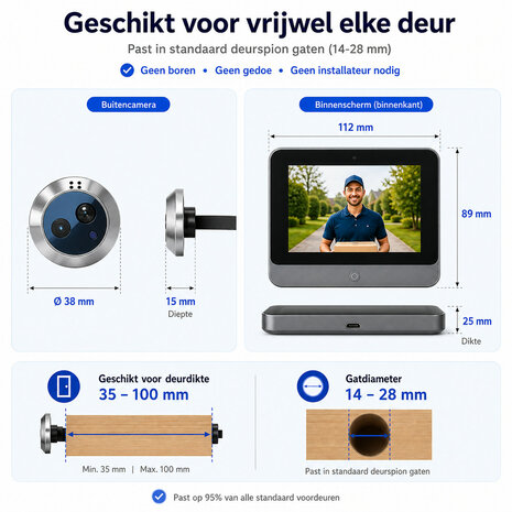 Digitale deurspion voor deuren 35 tot 150 millimeter met 3MP HD camera en tweeweg audio