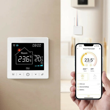 Draadloze Wifi thermostaat voor C V installatie met tiptoetsbediening en nauwkeurige temperatuurregeling