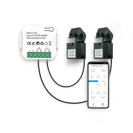 Energiemeter met 2 klemmen, WiFi 2.4GHz en 80A voor zonnepanelen (wit)