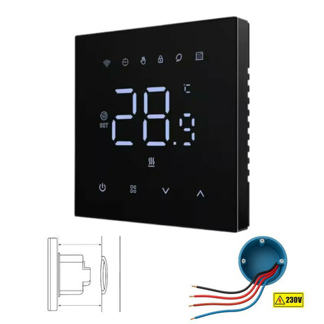 Wifi inbouw thermostaat voor elektrische vloerverwarming met zwart touchscreen en app bediening