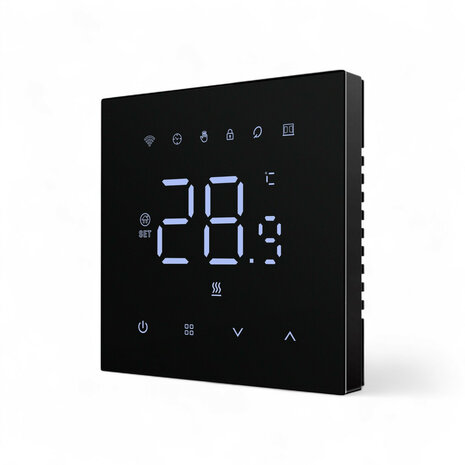 Wifi inbouw thermostaat voor elektrische vloerverwarming met zwart touchscreen en app bediening