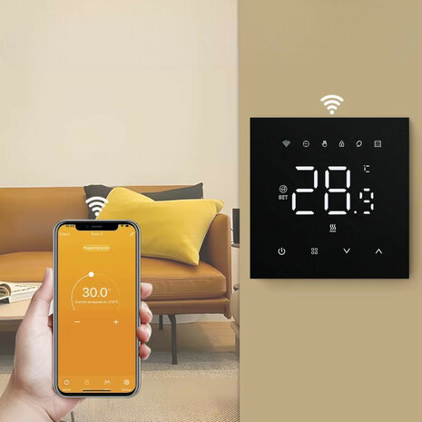 Wifi inbouw thermostaat voor elektrische vloerverwarming met zwart touchscreen en app bediening