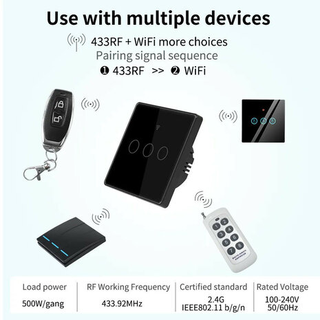 WiFi Touch lichtschakelaar inbouw Tuya Smart Life compatibel Zwart