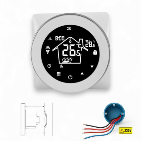 Inbouw slimme thermostaat cv installatie met touchscreen en WiFi (Tuya Smart Life) wit