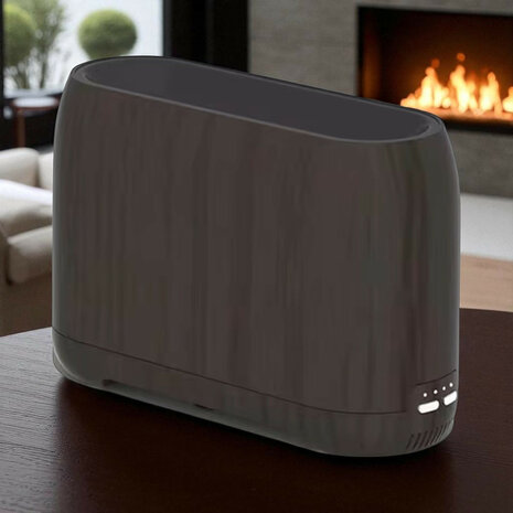Luchtbevochtiger met WiFi en Tuya-app, vlameffect en Bluetooth speaker, houtlook donker