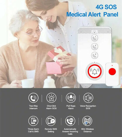 SOS Alarmset binnenhuis met 4G-simkaart, intercomfunctie en waterdichte IP65-knop (wit)