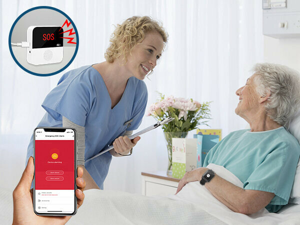 Alarmknop voor ouderen met zwart SOS-horloge, WiFi en LCD-display