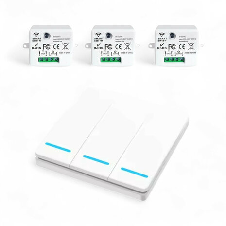 Draadloze schakelaar met RF 433 MHz en 3 knoppen, inclusief ontvanger 10A (wit)