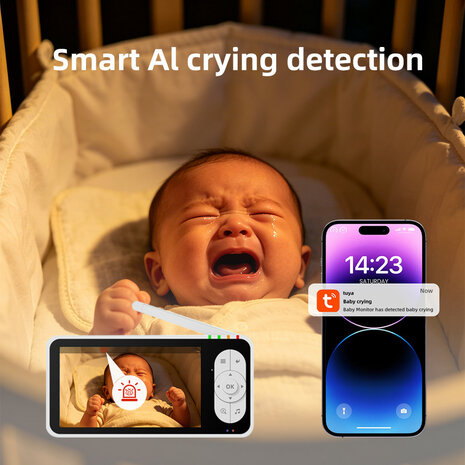 Babyfoon met camera 1080p WiFi, huildetectie, nachtzicht en tweerichtingsaudio