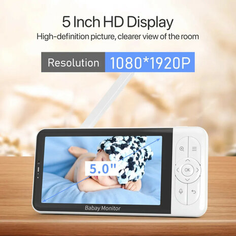 Babyfoon voor baby monitoring met 5 inch lcd scherm en 1080p resolutie