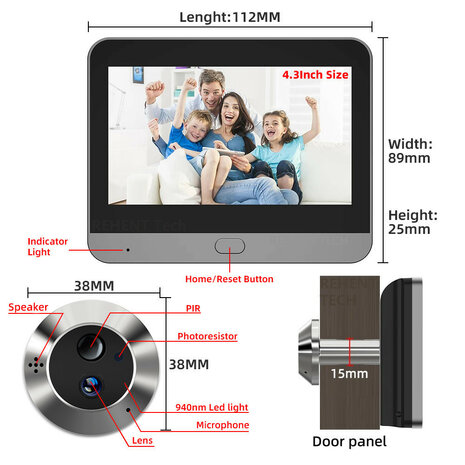 Digitale deurspion voor deuren 35 tot 150 millimeter met 3MP camera nachtzicht en WiFi verbinding