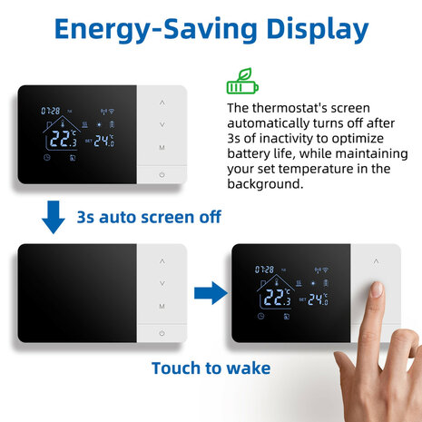 Slimme thermostaat voor cv met wifi, touchscreen, opbouwmontage en USB- of batterijvoeding