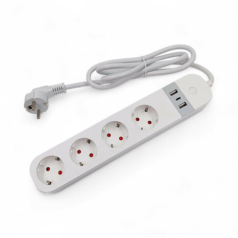 Slimme wifi stekkerdoos met 4 stopcontacten, 2 USB-A en 1 USB-C, wit