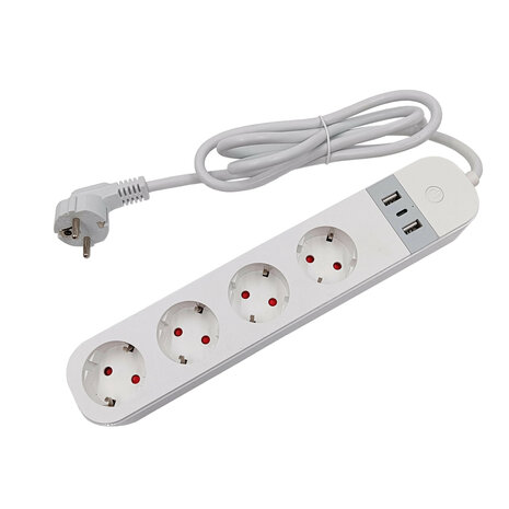 Slimme wifi stekkerdoos met 4 stopcontacten, 2 USB-A en 1 USB-C, wit