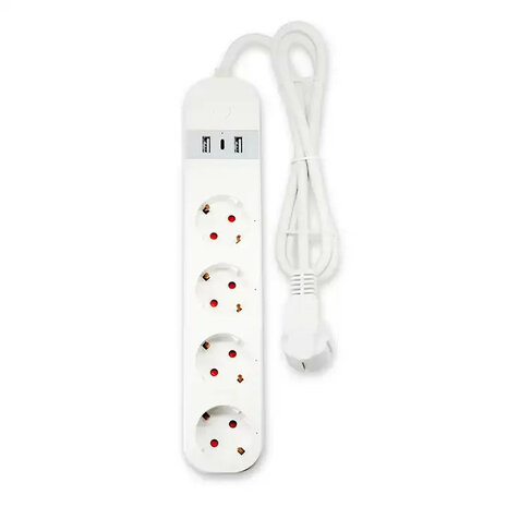 Slimme wifi stekkerdoos met 4 stopcontacten, 2 USB-A en 1 USB-C, wit