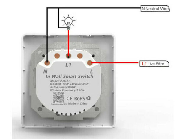 Slimme witte WiFi lichtschakelaar voor inbouw met controleverlichting