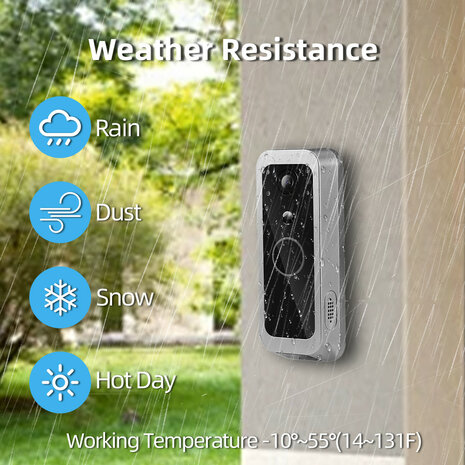 Video deurbel met Wifi en Tuya-app, batterijvoeding 5000 mAh, IP65 (zilver)